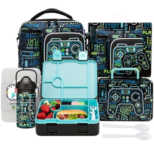 Oruiji Boys Bento Box for Kids Lunch Box Set for Boys with 6 Compartment,Stainless Steel Water Bottle,Lunch Bag,Ice Pack Set Back to School Supplies Birthday Gift for Kids 5-12