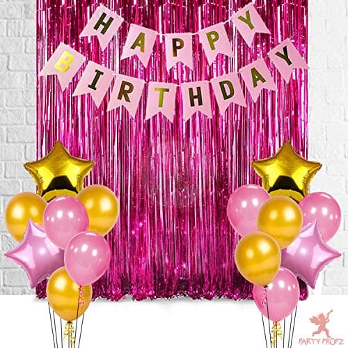 Party Propz 17Pcs Happy Birthday Foil Curtain, Banner (cardstock) and Balloons Decoration Items Combo for Birthday Supplies for Girls, Wife Pink