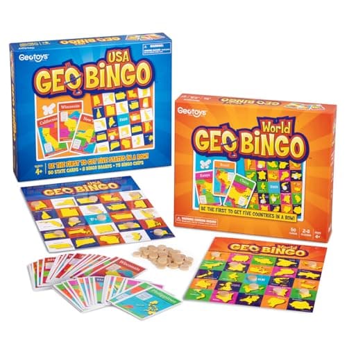 GeoToys GeoBingo Set World USA Bingo for Kids Ages 4 and Up Geography Game for Home School Bingo Games for Family Play and Learn USA States and Capitals and World Countries