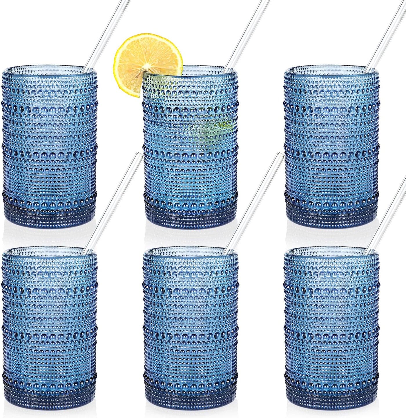 KMIGRUAN Large Hobnail Drinking Glasses Set of 615oz Blue Vintage GlasswareEmbossed Glass CupsWater TumblerHighball Glasses For Beer Juice And Various Mixed Drinks
