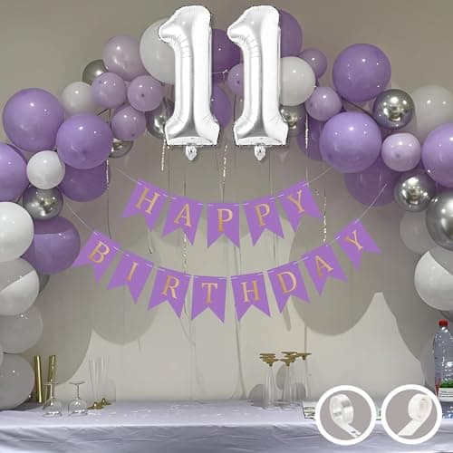 Flyloons 11th Birthday Decoration Items Purple and White Theme Combination for Boys Girls | 30 Pcs Purple White Silver Color Balloons | Purple Happy Birthday Banner | Arch Tape | Glue Dots