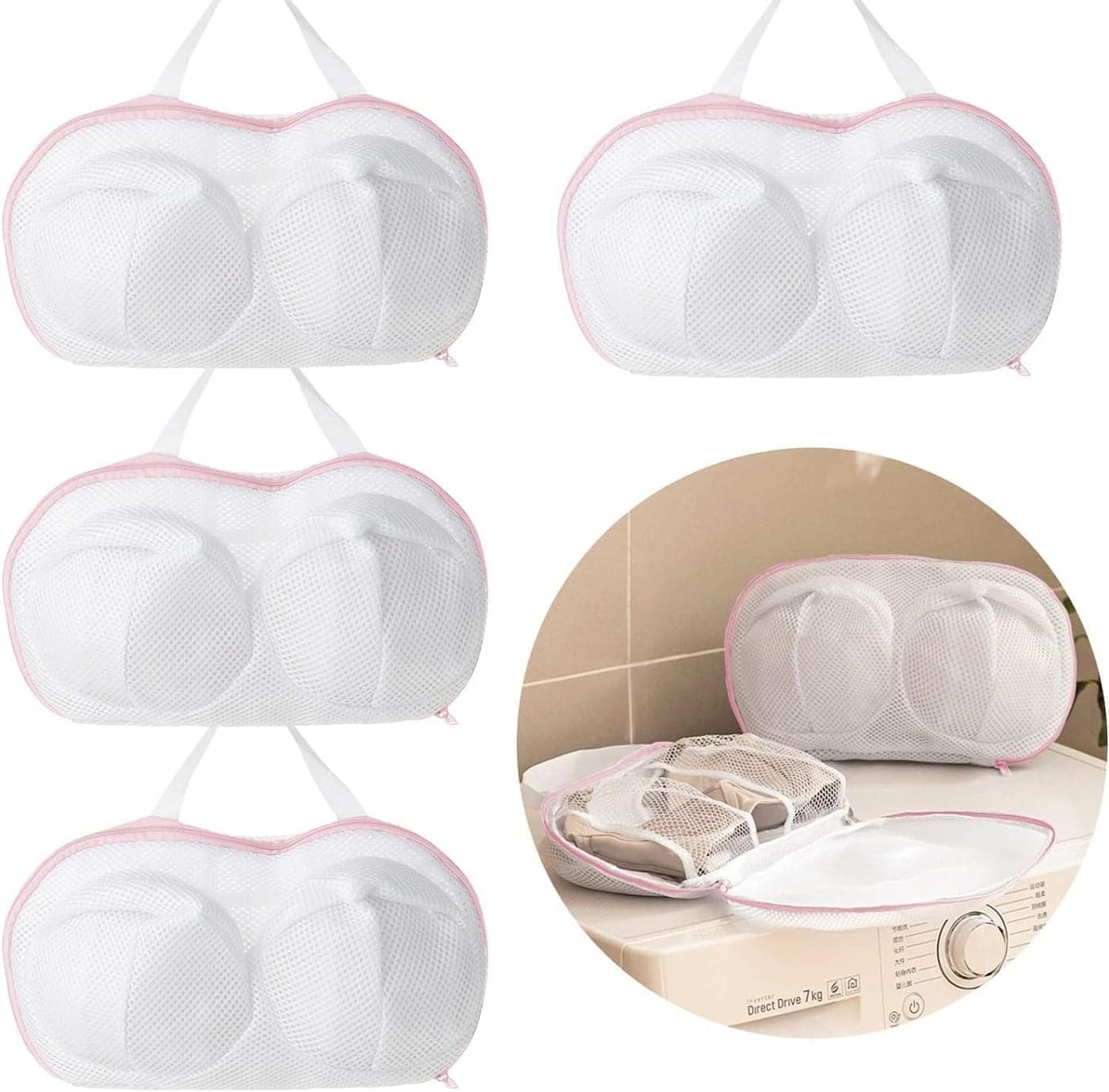 4-Pack Large Bra Laundry Bags, Underwear Bra Mesh Laundry Bags with Handles and Zippers for Women Underwear Bra Storage Washing (Large Pink)