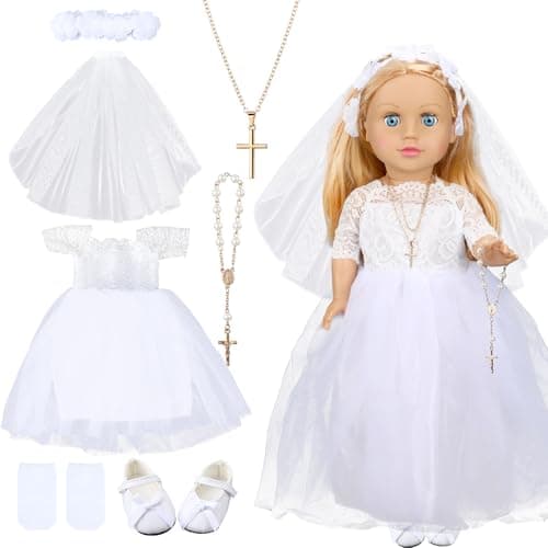 RoundFunny 7 Pcs 18 Inches American Doll Clothes Outfit First Communion Dress with Matching Headband Veil Bracelet Shoes Socks Necklaces Fit 18 Inches Dolls Doll Not IncludedFloral Headband