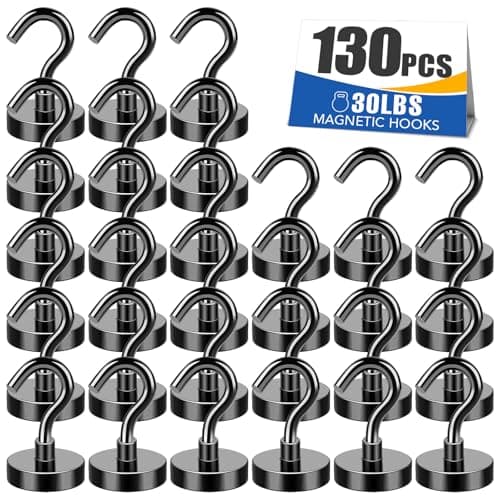 MIKEDE Black Magnetic Hooks Heavy Duty, 30Lbs+ Strong Neodymium Magnets with Metal for Refrigerator,Super Cruise Hanging, Kitchen, Storage - Pack of 130
