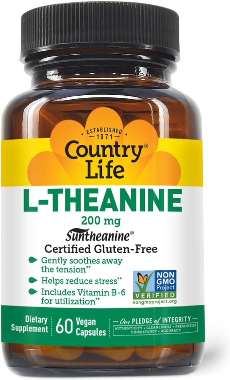 Country Life Suntheanine LTheanine 60 Vegan Capsules Natural Stress Relief Supplement with Inositol Promotes Relaxation Focus Better Sleep Certified GlutenFree NonDrowsy Formula
