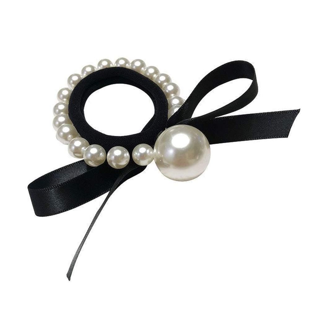 AKOAK 2 Pieces Black Bow Pearl Scrunchie Elastic Hair Rubber Band Ribbon Ponytail Holder Temperament Personality Girl Pearl Bun Rope for Women and Girls