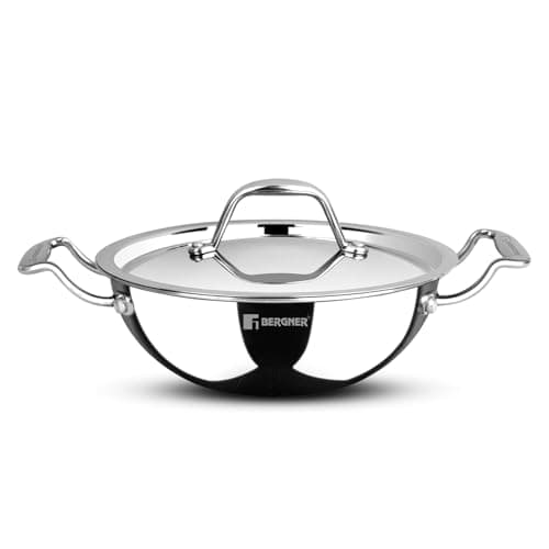BERGNER Argent Junior Chef Triply Kadai with Stainless Steel Lid, 16cm (1.1 L) Mini Kadhai, Faster and Even Heat, Consumes Less Oil, Healthy Cooking, Easy to Clean - Induction and Gas Stove Ready