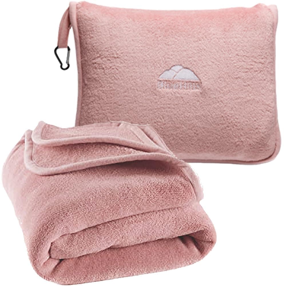 BlueHills Premium Soft Long Travel Blanket Pillow for Tall Airplane Flight Blanket 70 X48 inch Throw in Soft Bag case with Hand Luggage Belt Backpack Clip Compact Pack Large Pink T055