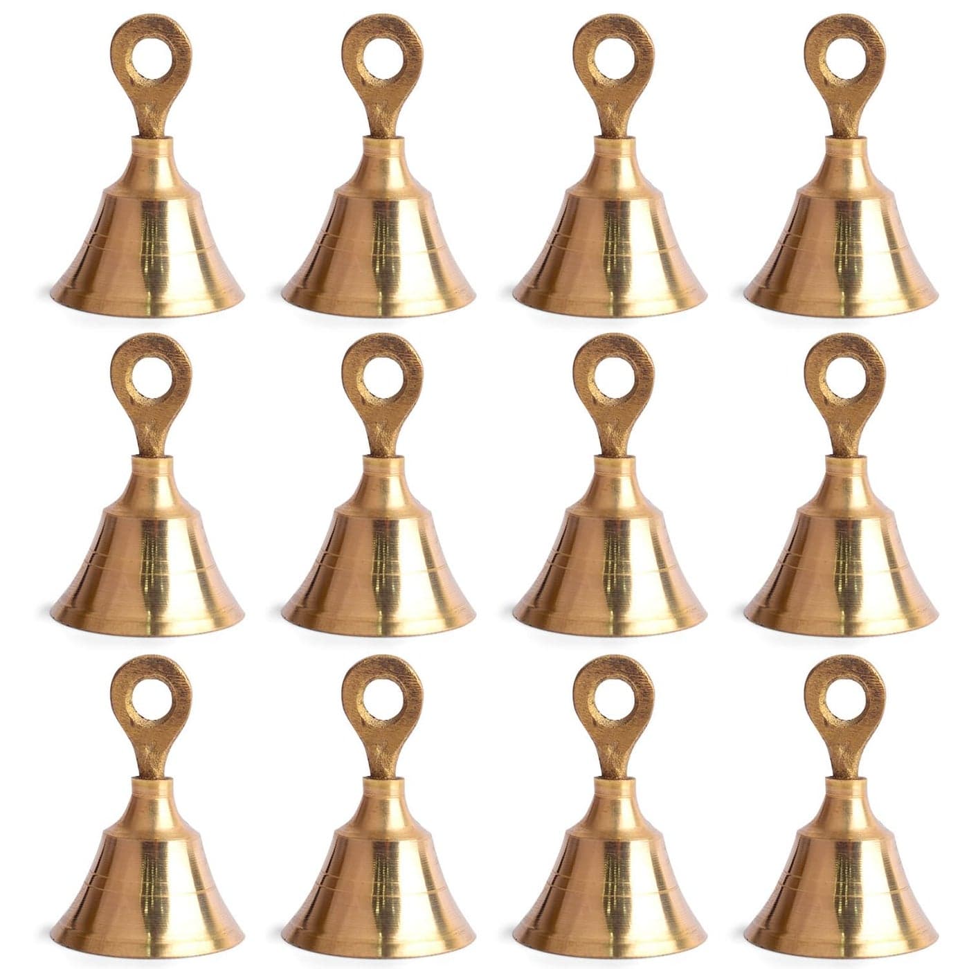 Genieland 12 Pc Set of Brass Bell with Hanging Loops Coaster Beach Decoration Item Vintage Style Indian Bell with Jingle Ring Wedding Bell Wedding Chimes DIY Craft Christmas Bell Cow Elephant Bell