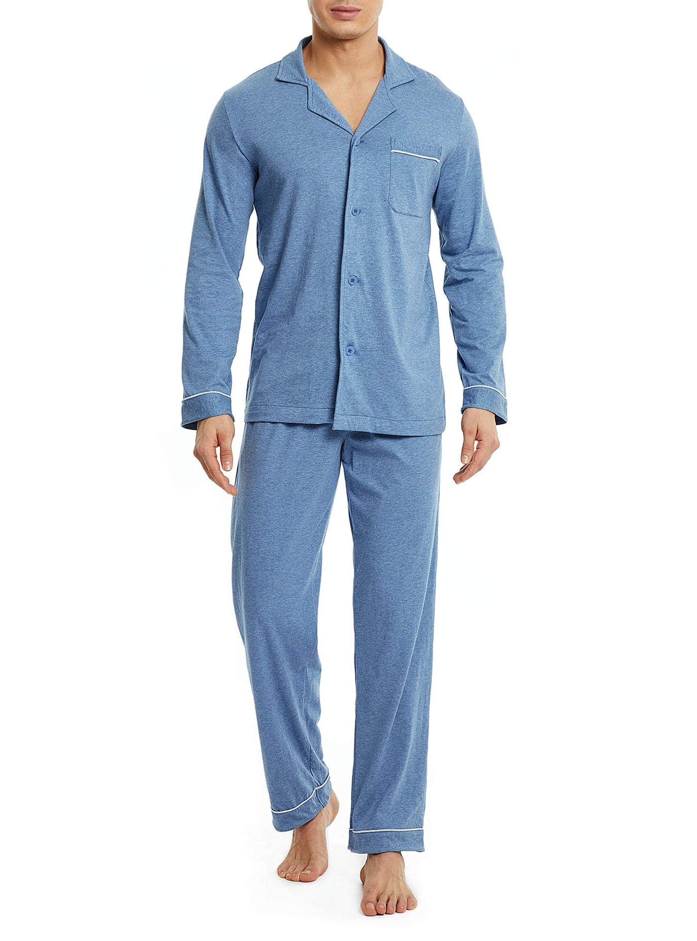 DAVID ARCHY Mens Pajamas Set Soft Cotton Notched Collar Pajamas for Men Long Sleeve Mens Sleepwear with Pockets & Front Fly (XL, Heather Navy Blue)