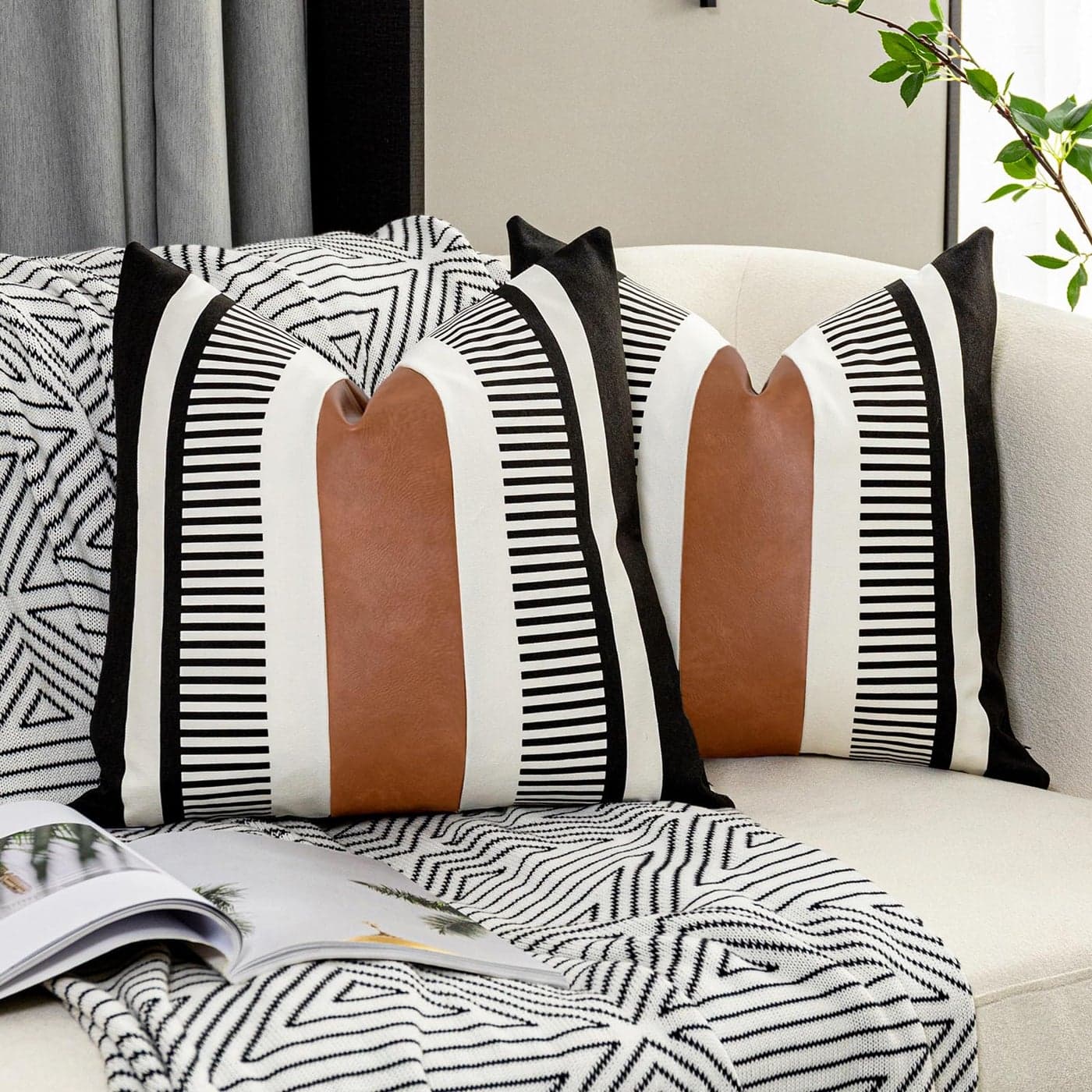 Vfuty Pack of 2 Farmhouse Throw Pillow Covers for Couch Sofa Decorative Faux Leather Square Cushion Cover Tribal Stripe Accent Pillow Case 18 x 18 InchBlack