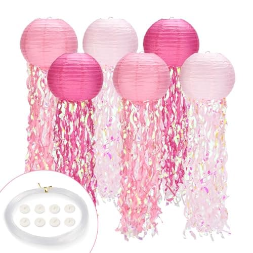 Jellyfish Paper Lanterns,Under The Sea Party Decorations 6Pack with String and Hooks,Hanging Jelly Fish for Mermaid,Ocean Themed,Birthday,Party(Pink 8Inch)