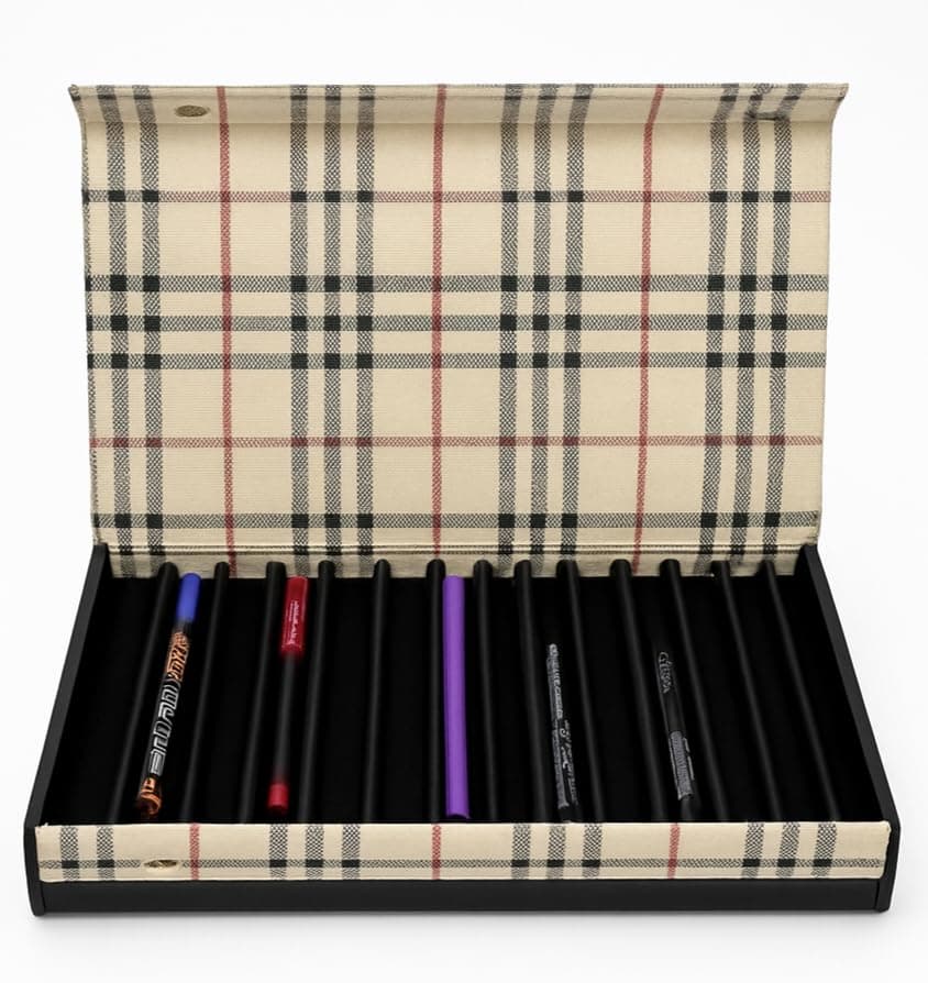 Proniks Plaid Pattern Pen Storage Case and Box, Multi-Slot 14Pcs Organizer Box, (Beige)