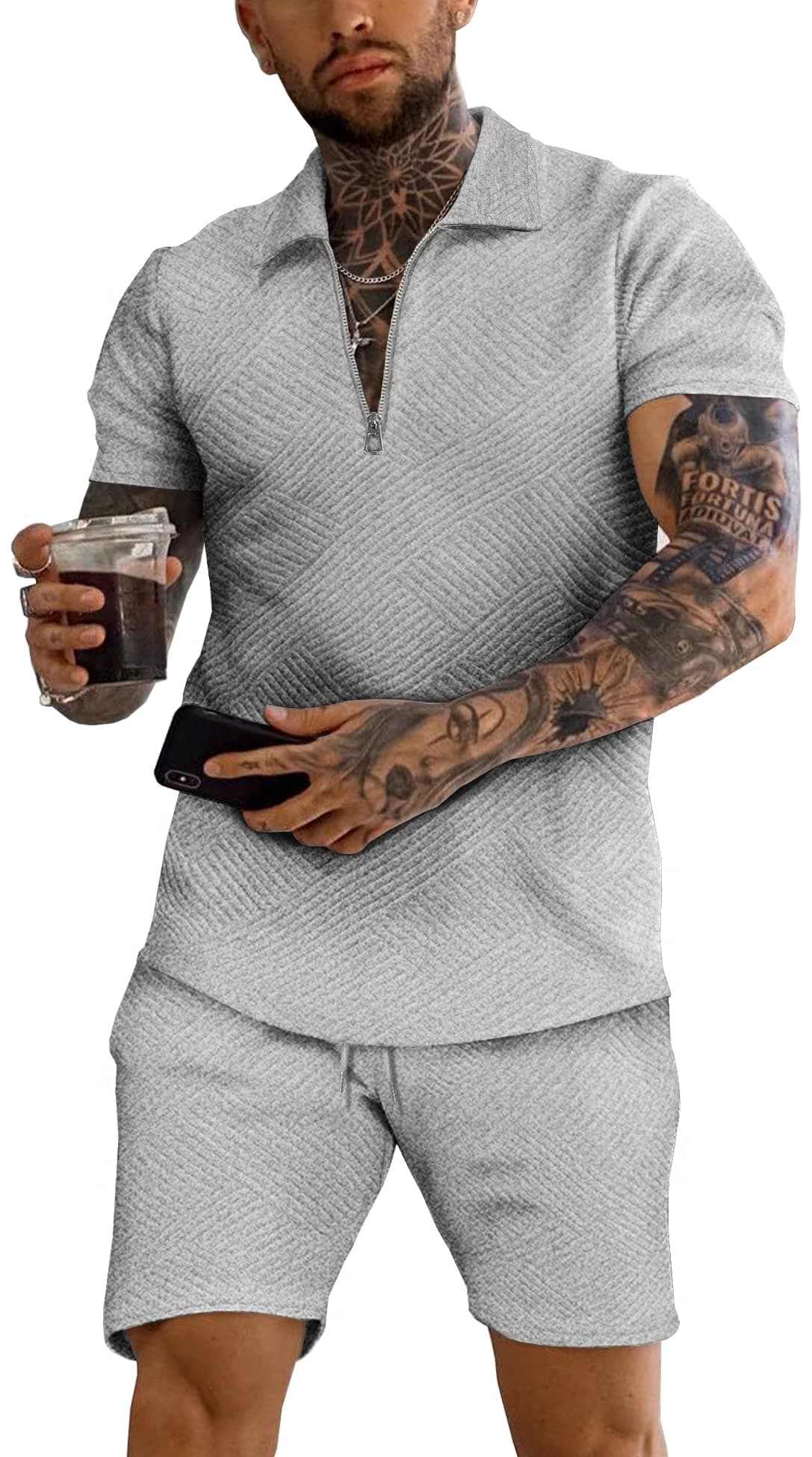URRU Mens Polo Shirt and Shorts Set Summer Outfits Fashion Casual Short Sleeve Polo Suit for Men 2 Piece Short Set Grey XXL