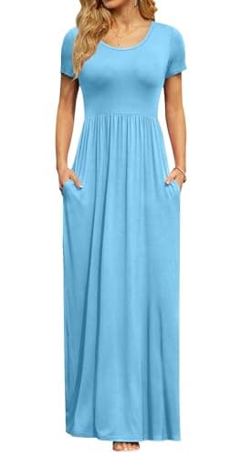 DB MOON Womens Maxi Dresses Casual Short Sleeve & Pockets Empire Waist Long Dress for Beach Party L, Light Blue