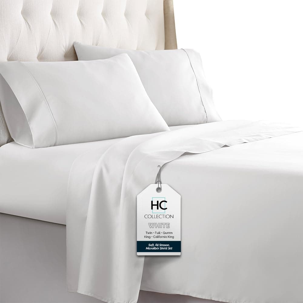 HC COLLECTION Bed Sheets Cal King Hotel Luxury Platinum 1800 Series Brushed Microfiber Flat Sheet Deep Pocket Fitted Sheet and 2 Envelope Pillowcases Ultra Soft 4 Pcs Bedding for Hot Sleepers White