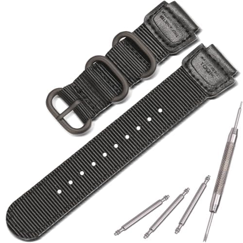 18mm Nylon Watch Strap Compatible with Casio A158WA F108WH A168WA-1 AE1200WH W800HG MRW200H W735H AE-1300WH Replacement band Leather Bracelet (Black with black Metal ring)