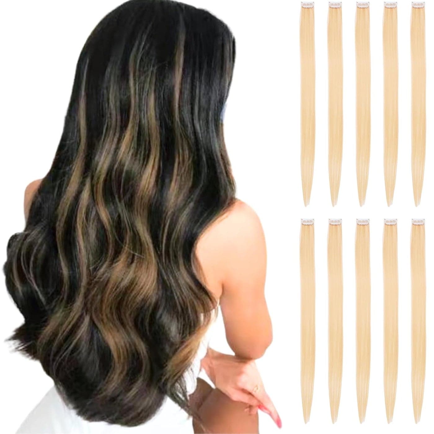 Blonde Hair Extensions Clip in for Kids Girls 10 Pieces 22 Inch Long Straight Colored Streak Synthetic Accessories Hairpiece Clip ins Play Party Highlights