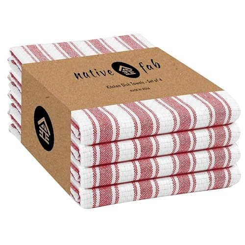 Native Fab 100% Cotton Red Kitchen Towels - 16x26 inches - Set of 4 - Basket Weave Stripe Dish Towels for Cleaning, Drying Dishes, Absorbent Dish Cloths Set with Hanging Loop - Red White