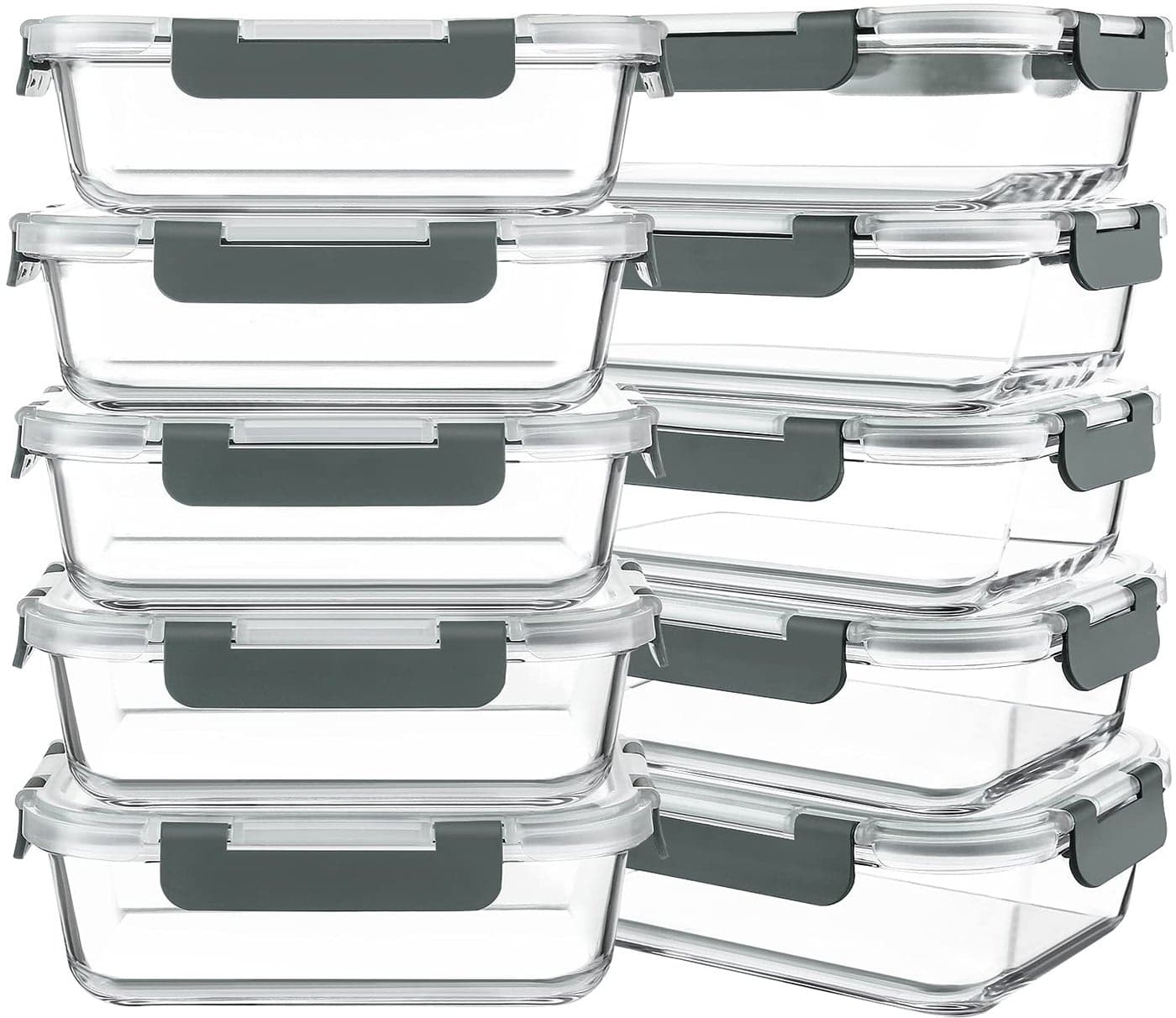 KOMUEE 10 Packs 30 oz Glass Meal Prep ContainersGlass Food Storage Containers with LidsAirtight Glass Lunch Bento BoxesMicrowaveFreezer and DishwasherGray