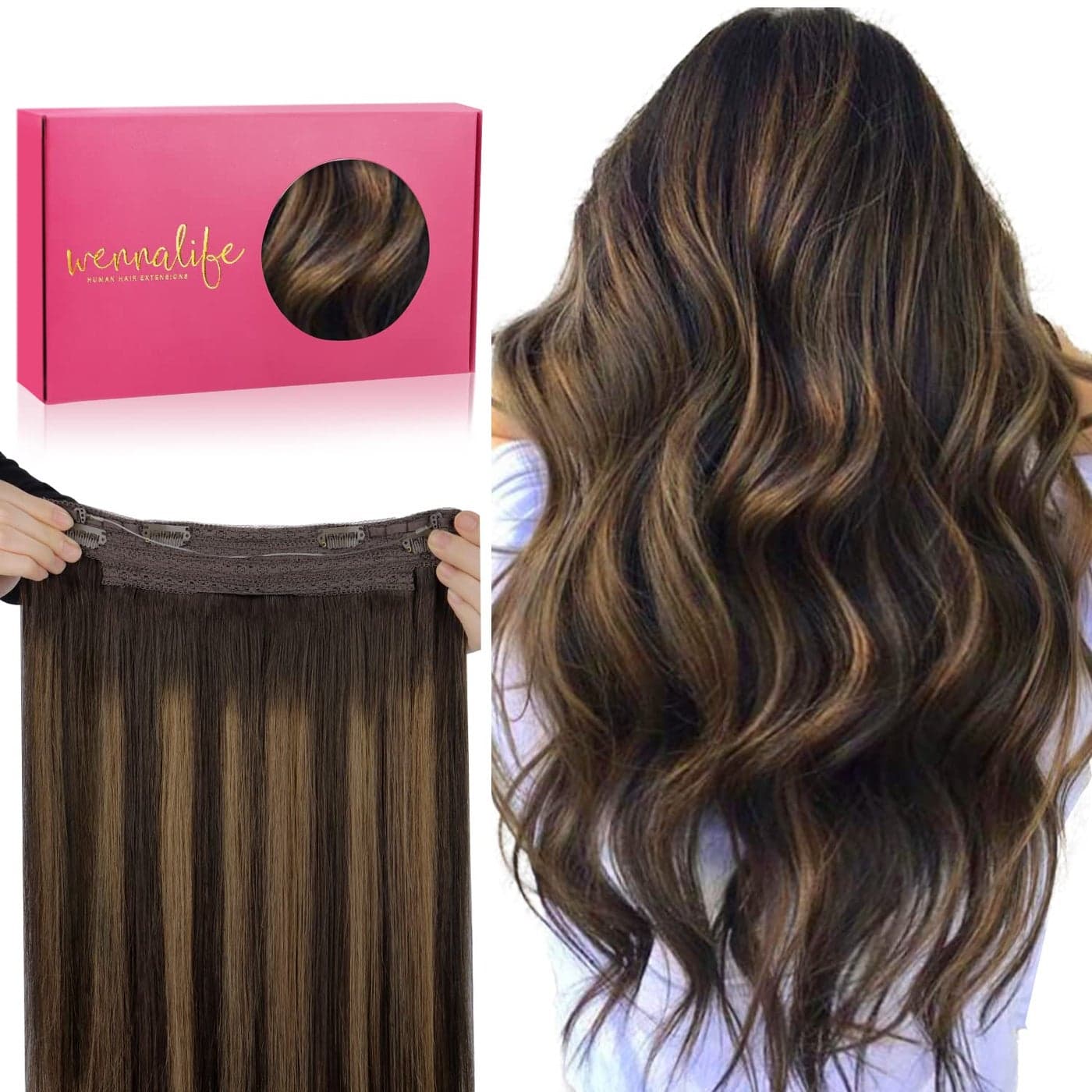 WENNALIFE Wire Hair Extensions Increase 50 Lifespan Real Human Hair 12 inch 70g Balayage Dark Brown to Chestnut Brown Remy Hair Invisible Transparent Wire Fish Line Straight Reusable Natural