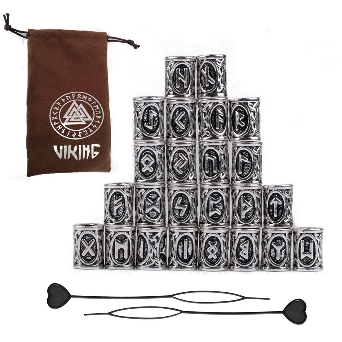 24Pcs Norse Vikings Runes Hair Beard Beads for Bracelets Pendant Necklace DIYBraiding Beads for Hair Braids Antique Silver Beard Ring Viking Beads KitsInclude 2Pcs Pull Hair Pin