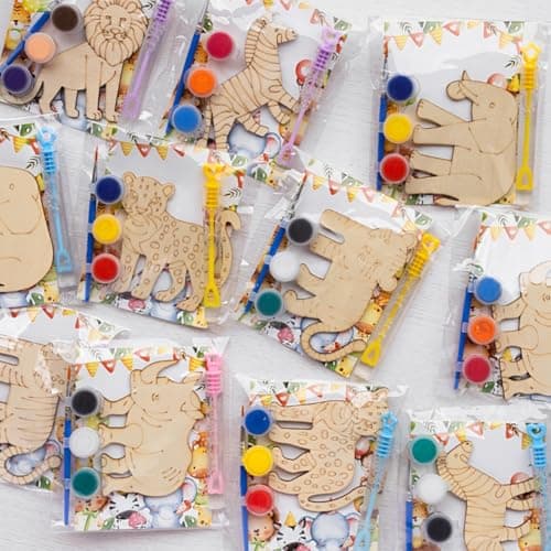 GEECOZYLIFE Safari Party Favors 12 PCS Jungle Paint Kits Party Supplies Safari Jungle Wooden Painting Kit with Bubble Wand Wild Animals Christmas Birthday Goodie Bags Gifts Prizes