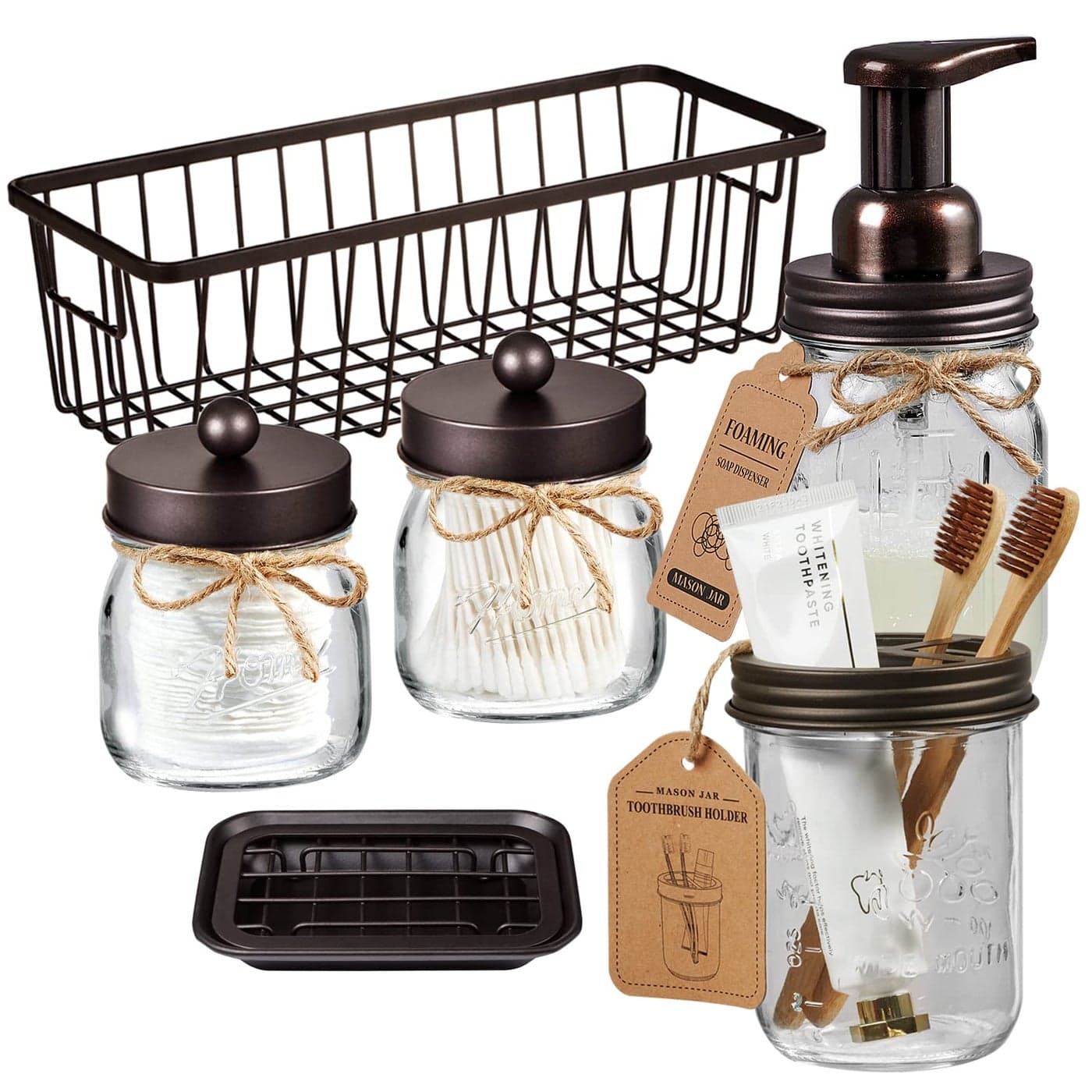 SheeChung 6Pack Mason Jar Bathroom Accessories Set Foaming Soap Dispenser Toothbrush Holder 2Pack Qtip Holders Bathroom Sink Set Guest Towel Holder Bronze