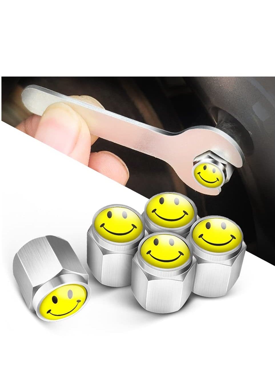 Smiley Face Locking Tire Valve Caps Anti Theft Design with Rubber Ring Decoration Accessories Thicken Brass Tire Valve Stem Caps Universal for Car/SUV/Bicycle/ Truck/Motorcycle