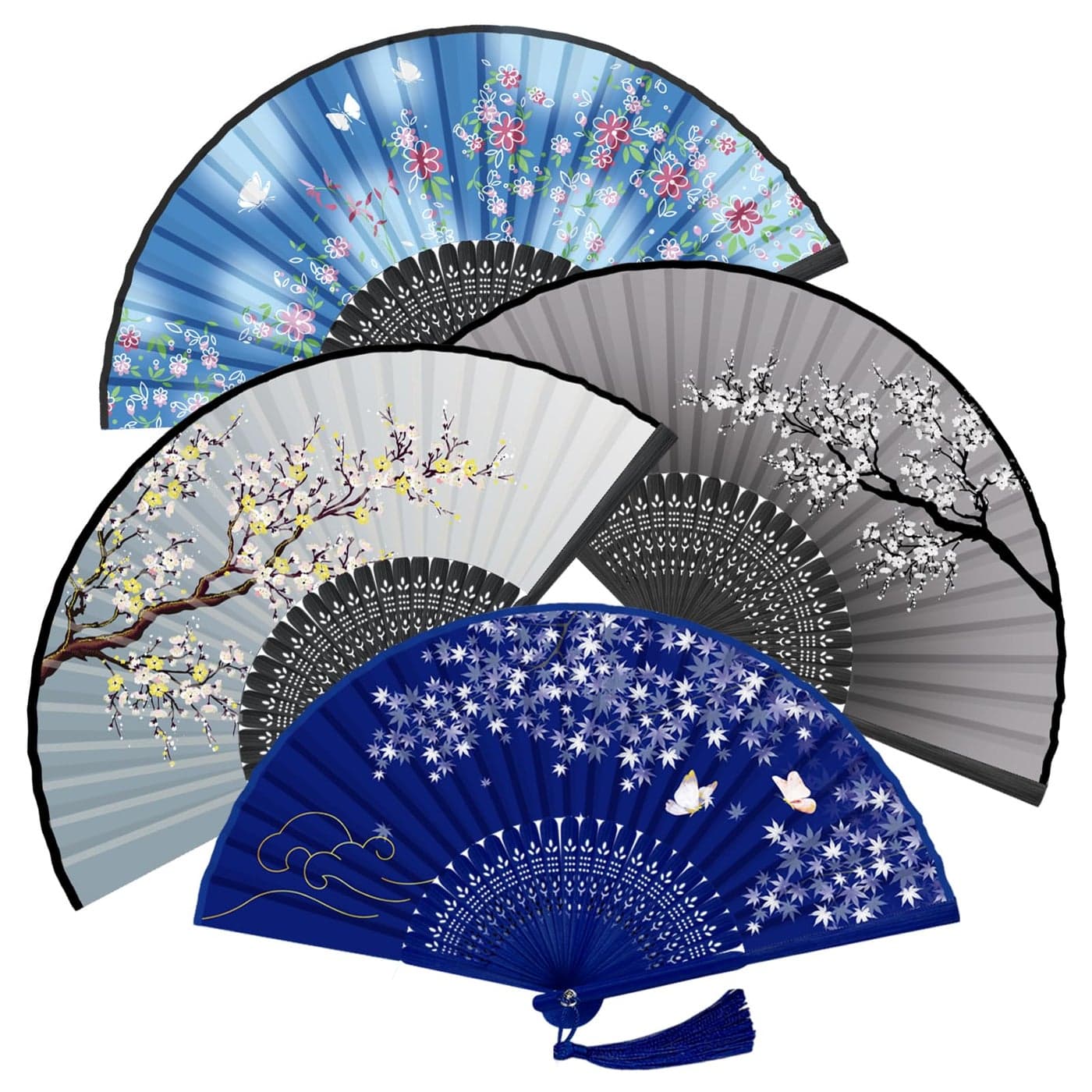 WEARXI Hand Held Fan 4 PCS Hand Fans for Women Foldable 83 Silk Folding Fan with Bamboo Frames Chinese Japenese Paper Hand Fan Foldable for Cosplay Dancing Party Wedding Home Decoration
