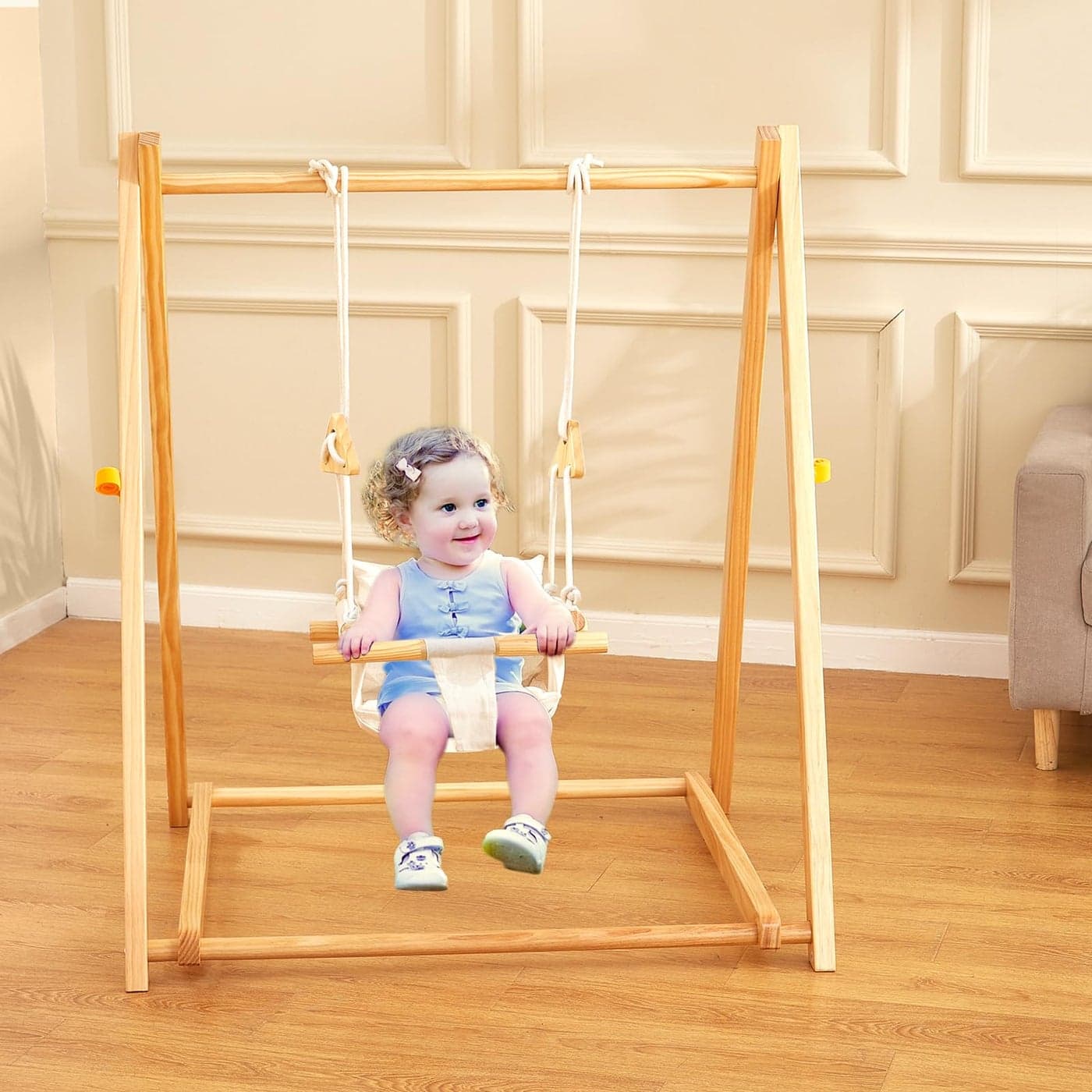 FUNLIO Montessori Wooden Swing Set for Toddlers 636 Months Foldable Indoor Baby Swing Set of Durable Pine Portable with 4 Sandbags Extension Straps Toddler Swing for IndoorOutdoor