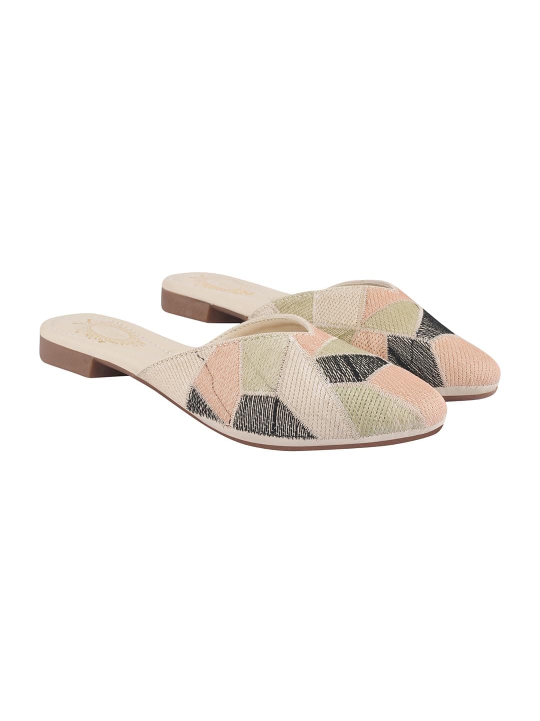 Women's Ethnic Slip-On Mules Embroidered Flat Shoes with Low Heel – Stylish & Comfortable Casual Footwear Green EU41
