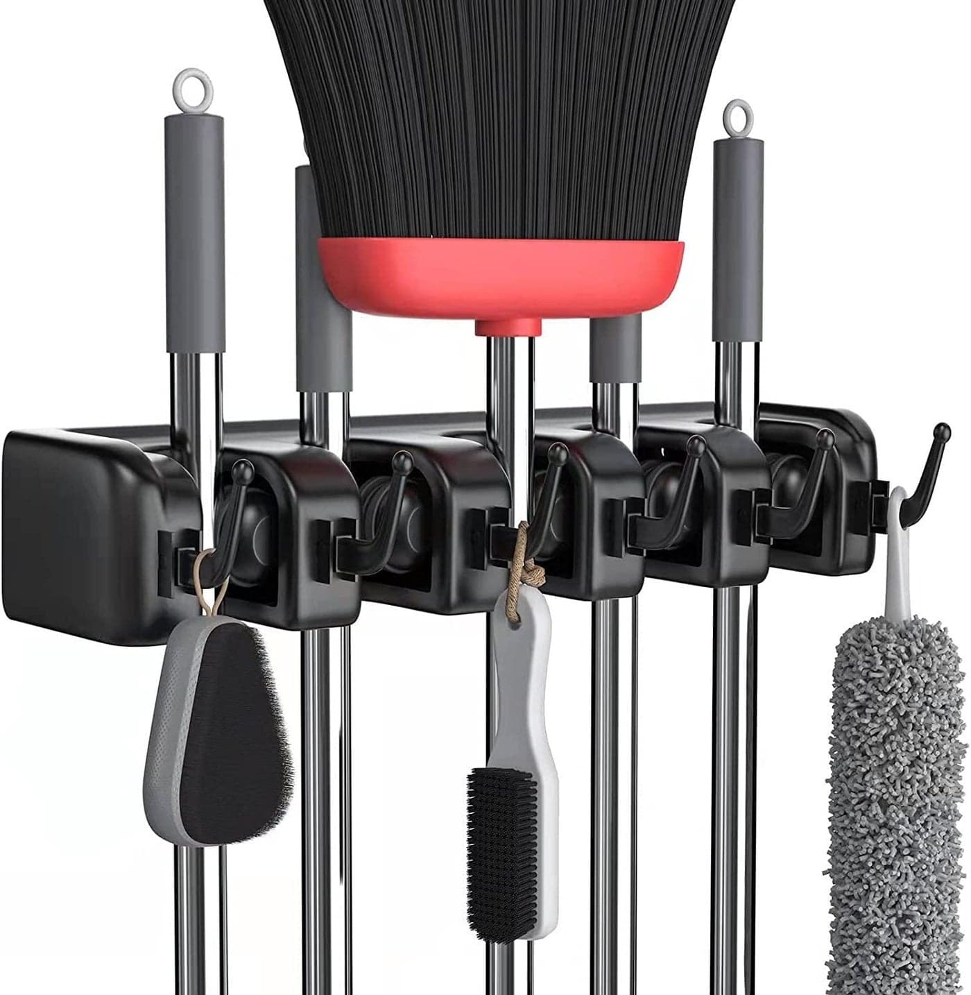 Zeinwap Plastic Mop And Broom Holder Wall Mount Heavy Duty Broom Holder Wall Mounted Or Tool Organizer For Home Garden Garage And Storage 5 Positions With 6 Hooks Black