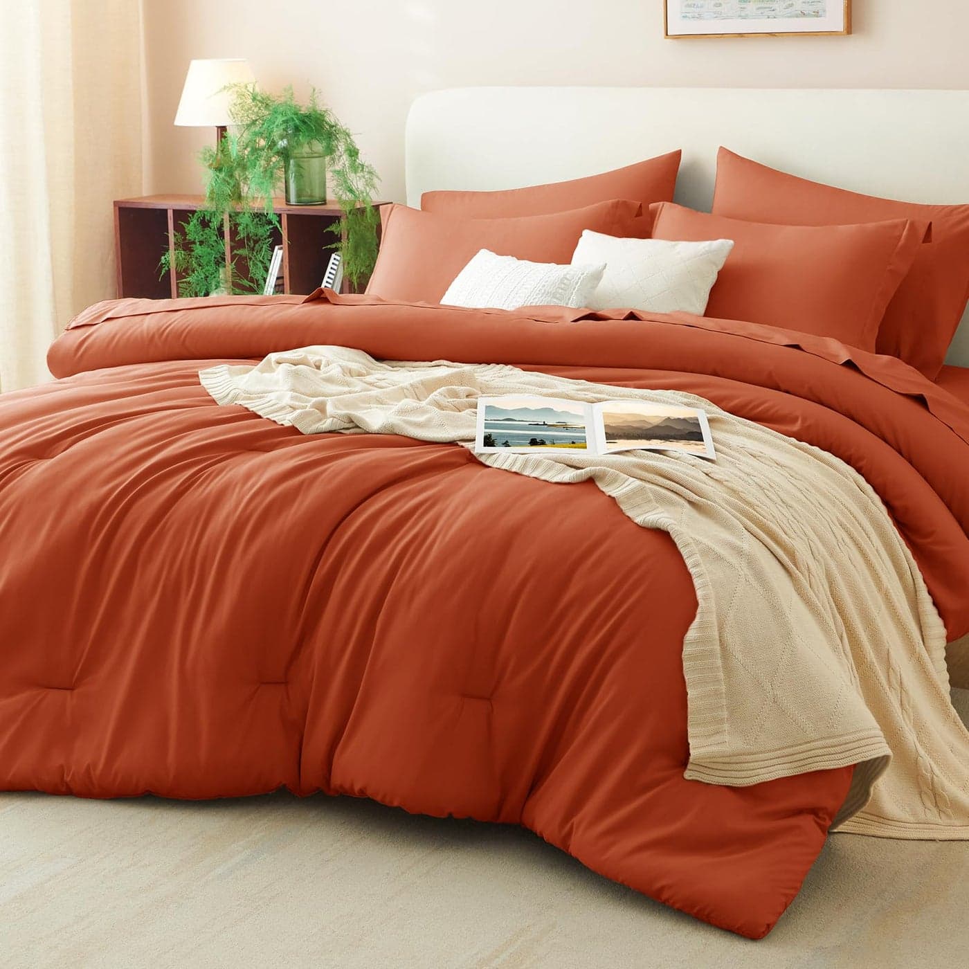 CozyLux Queen Comforter Set Burnt Orange 7 Pieces Bed in a Bag Queen Size Comforter Set with Sheets Terracotta Bedding Sets with Down Alternative Comforter Sheets Pillow Shams and Pillowcases