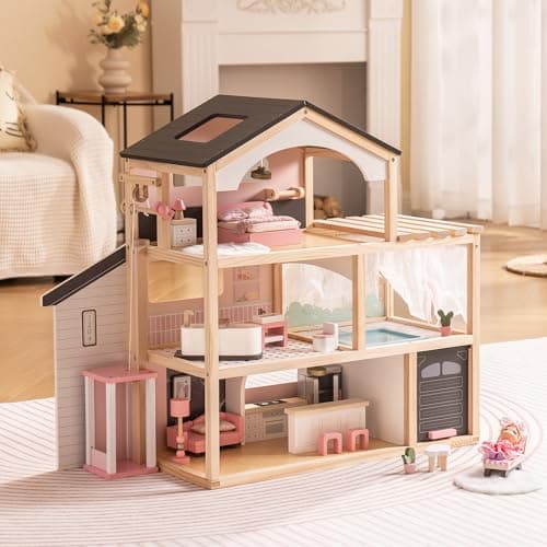 ROBUD Doll House Wooden Dollhouse with 6 Rooms 29pcs Furniture Set Working Elevator Garage Swimming Pool Ideal Gift for Kids Ages 3 Black