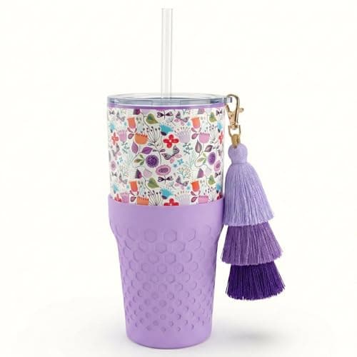 Biddlebee 30oz Garden Blooms Floral Tumbler with Straw and Lid – Insulated Stainless Steel Cup for Women with Boho Tassel Charm and Silicone Boot – Giftable Christmas or Birthday Present