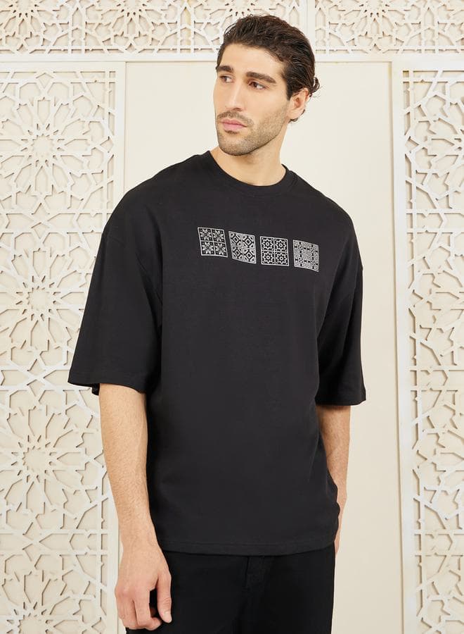 Foil Print Round Neck Oversized T-Shirt