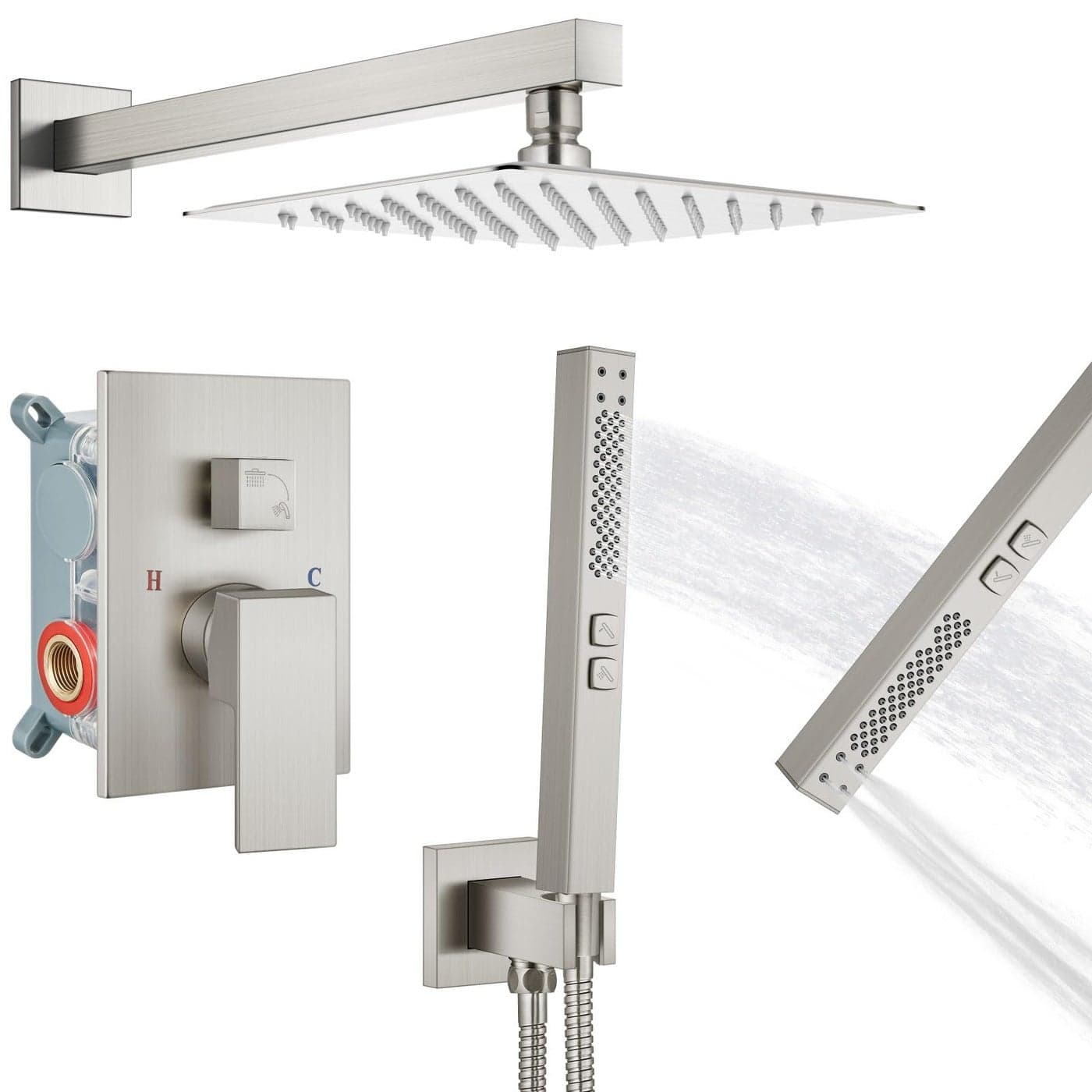 GBBNE Shower Faucet Set Rainfall Shower System with Square Showerhead and Handle Set Fixture with 2 in 1 Function Handheld Sprayer Wall Mounted Trim Repair Kit Roughin Valve 8 Inch Brushed Nickel