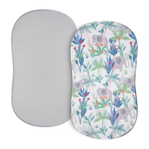 TILLYOU Baby Bassinet Sheets for Girls Boys 2 Pack Baby Sheets for Square Rectangle Oval Bassinet Mattress 33X16 Inch Rainforest Elephant Grey