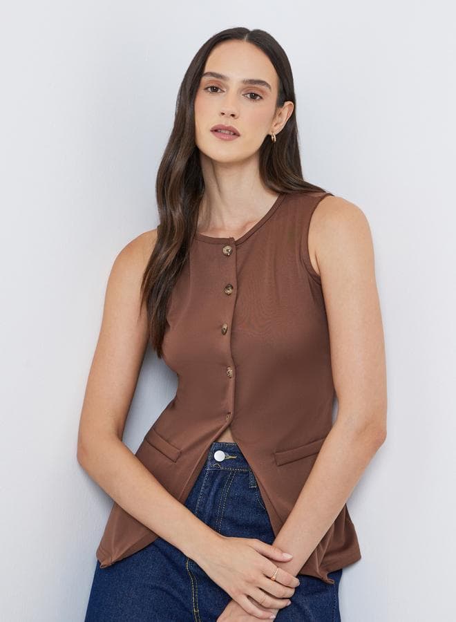 Styli Brown Sleeveless Button-Down Vest Top