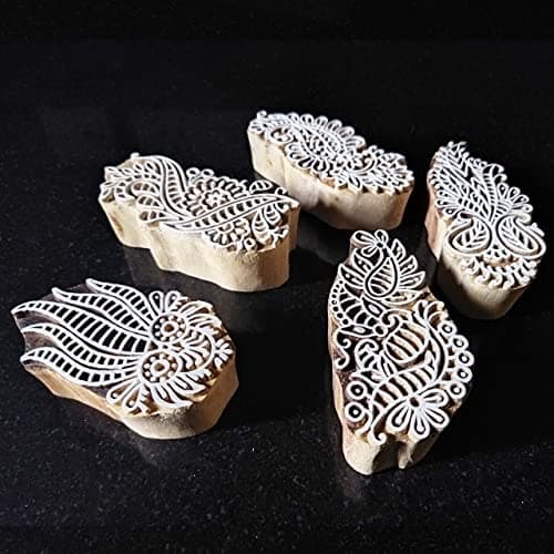 ecofynd Round Wood Block Stamps (Pack of 5), Wooden Blocks for Block Printing Stamp Set, Artistic Shapes Craft Kids Saree Border DIY Henna Fabric Textile Paper Clay Pottery Hand-Carved (BLOCK011)