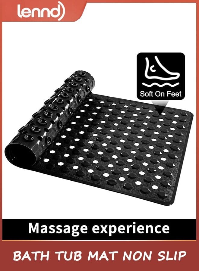 Bath Tub Mat Non Slip, 90x40cm Long Shower Mat, Machine Washable Bathmat with Drain Holes and Suction Cups, Soft on Feet, Bathroom Essentials, Black