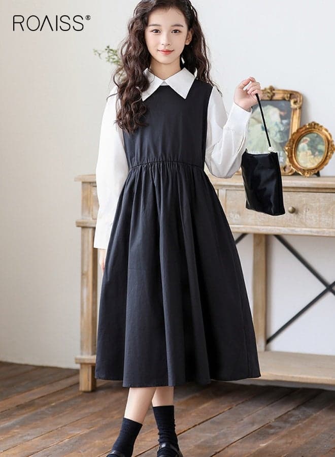 Girls A Line Dress with Shirt Collar, Elegant Stylish Long Sleeve Dress for Girls, Fake Two Piece Frock with Back Zipper, Suitable for Daily Wear or Any Occasion