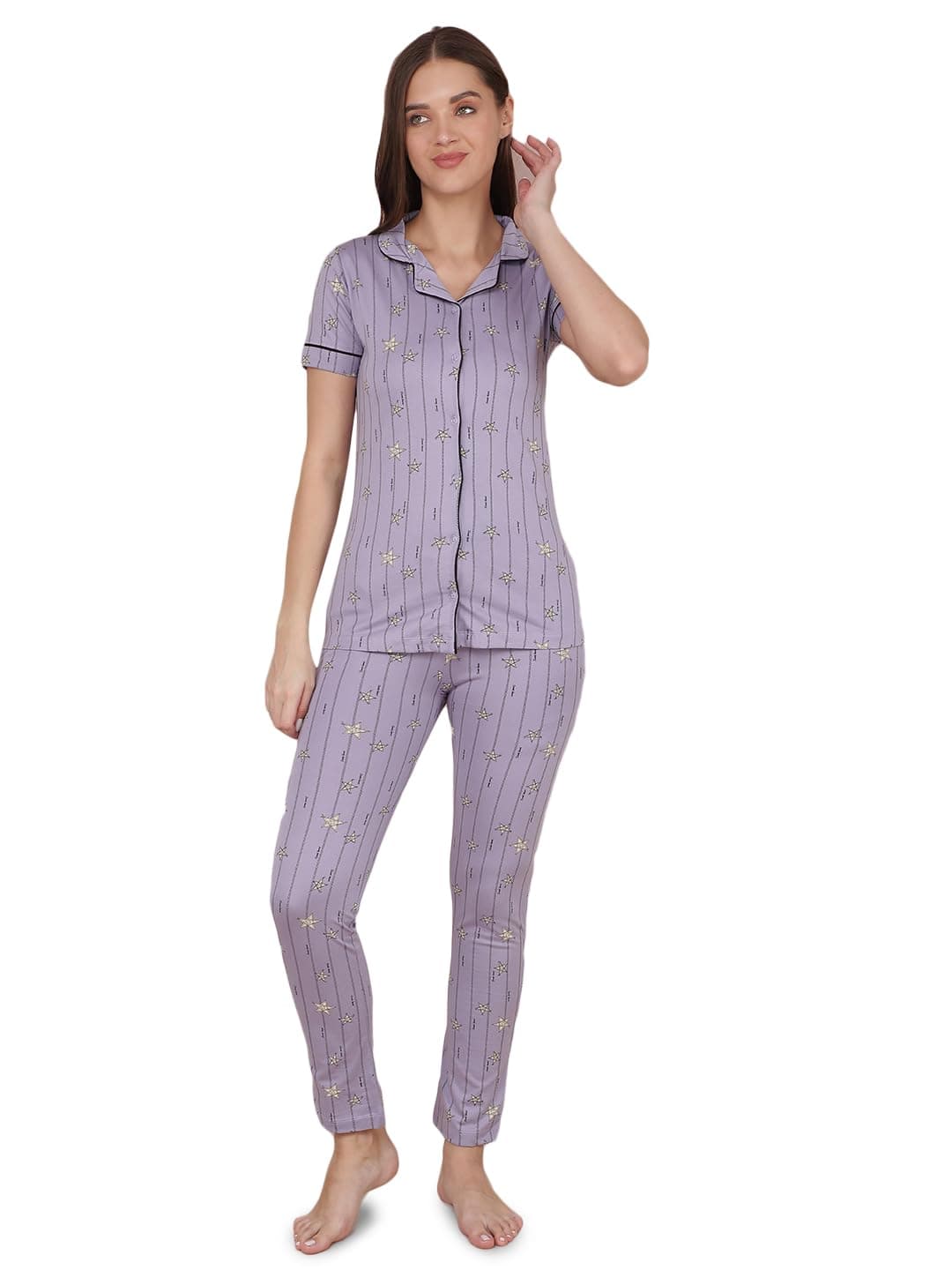 Dollar Missy Women's Combed Cotton Shirt Pyjama Night Suit Light Purple