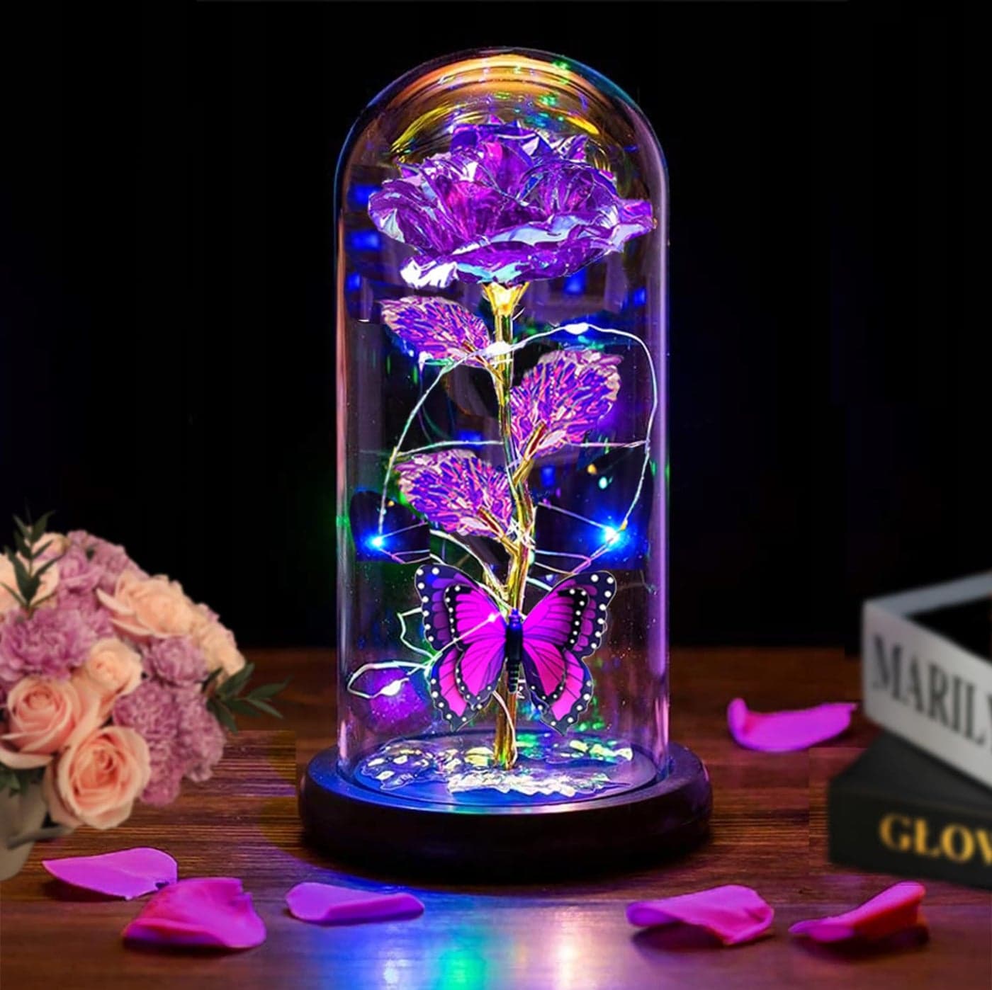 Mothers Day Flowers Gifts for Mom Wife Her WomenLight Up Rose Flower in A Glass DomeMother Day Rose Presents Her from Daughter Butterfly Birthday Gifts for Mom Women Sister Grandma Daughter Purple