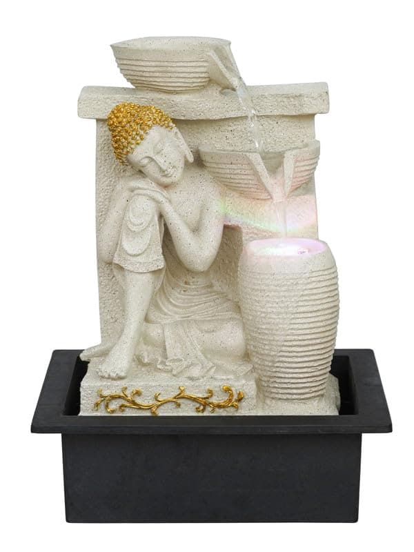 Craft Smith Polyresin Cream Elegant Buddha Sitting in Rest Position Tabletop Indoor Waterfall Fountain for Home Decor with LED Light Water Flow Control Pump Size 39 x 22 x 295CM Wt 2200Gram