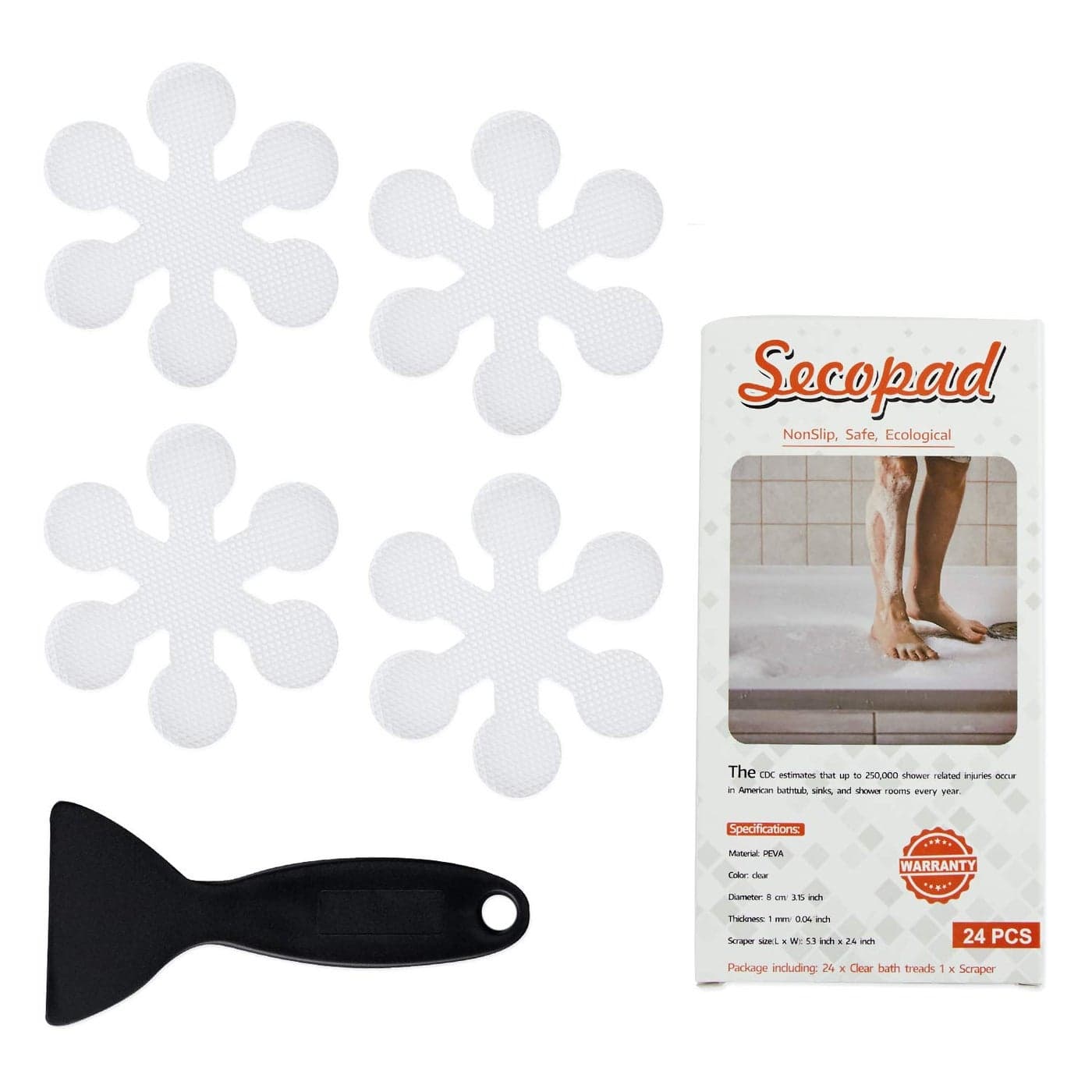 Secopad Bathtub Stickers NonSlip 24 PCS Safety Shower Treads Adhesive Appliques with Premium Scraper