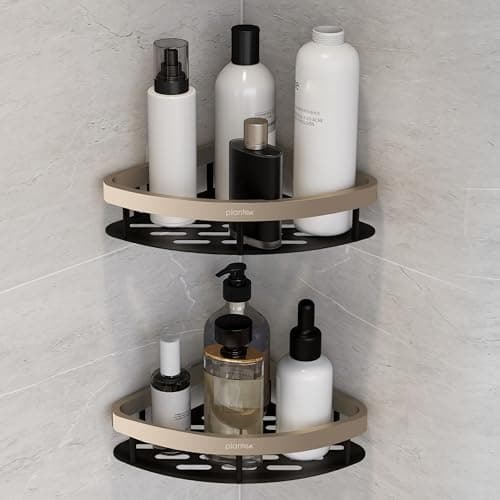 Plantex Self Adhesive Corner Shelf for Bathroom Wall/Aluminium & Stainless Steel Corner Rack/Storage Organizer/Bathroom Accessories Set- Pack of 2 (8 x 8 inch, Satin & Black)