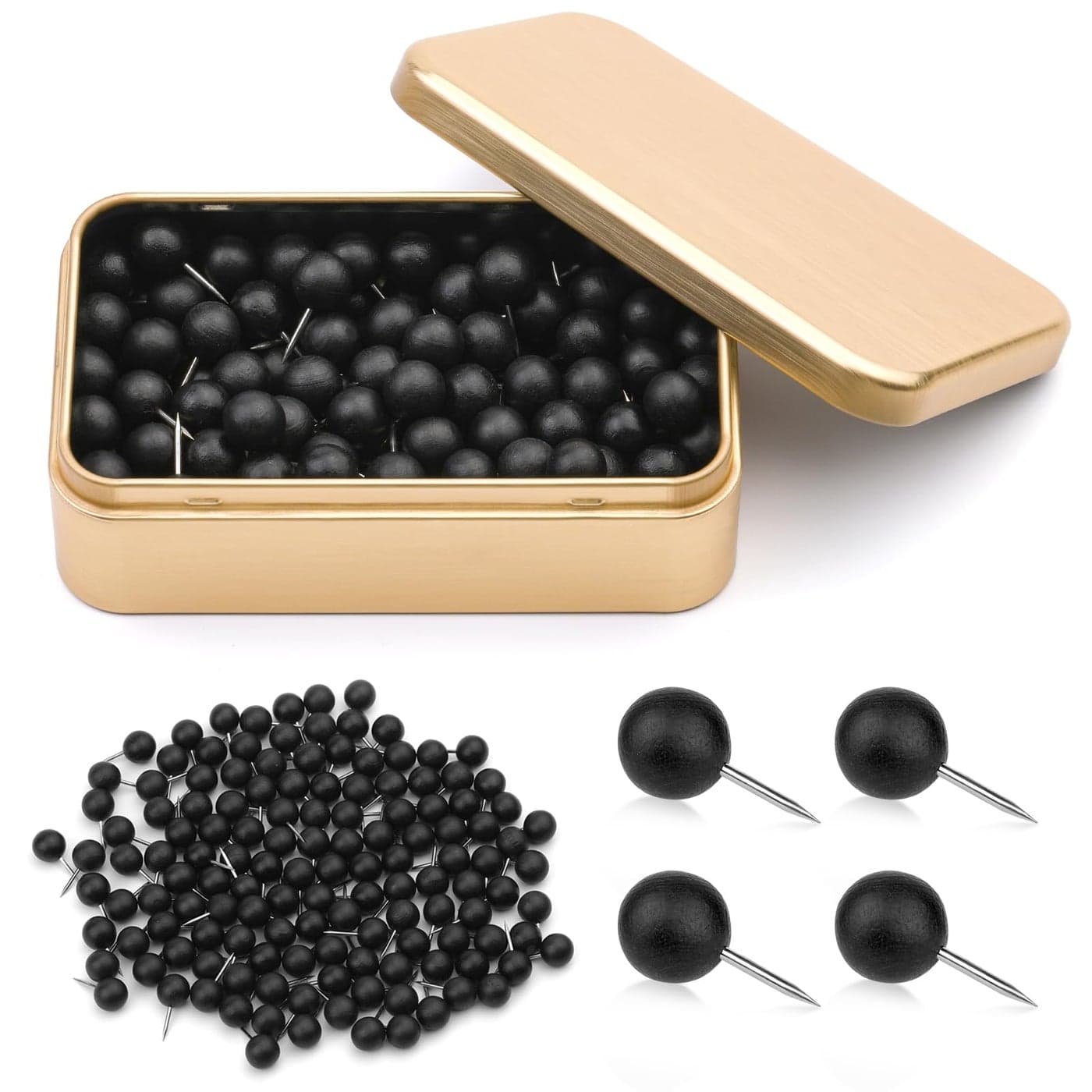 Thumb Tacks Push Pins Decorative for Cork Board Cute Push Pins Wooden Thumb Tacks for Wall Hangings Bulletin Boards Maps Photos and Home Office Craft with Storage Box Black Ball Head
