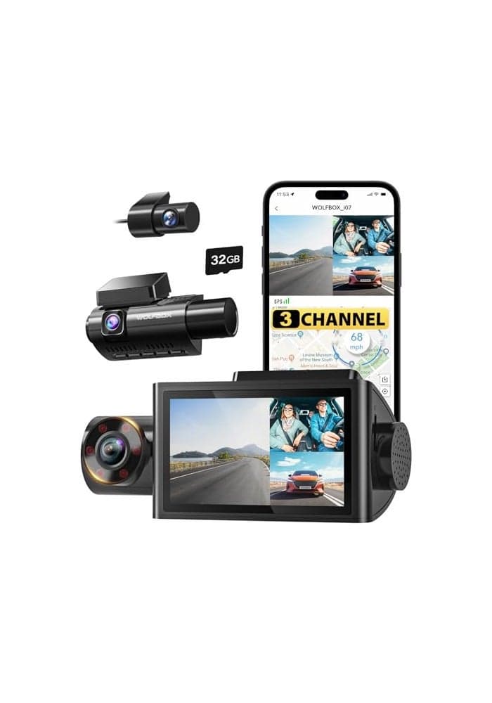 WOLFBOX i07 3 Channel Dash Cam Builtin WiFi GPS 4K Dash Camera Front and Inside 1440P1080P1080P Triple Car Camera with 3 LCD Screen 32GB Card Included IR Night Vision 24H Parking Mode